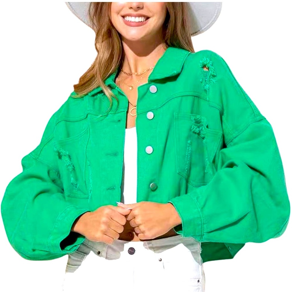 Green Cropped Jean Jacket with Balloon Sleeves